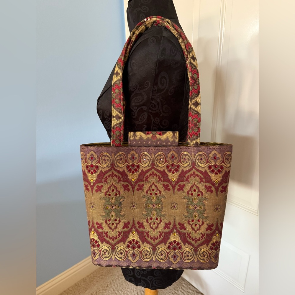 Red and Gold Tapestry Tote with Ornate Design and scattered stones